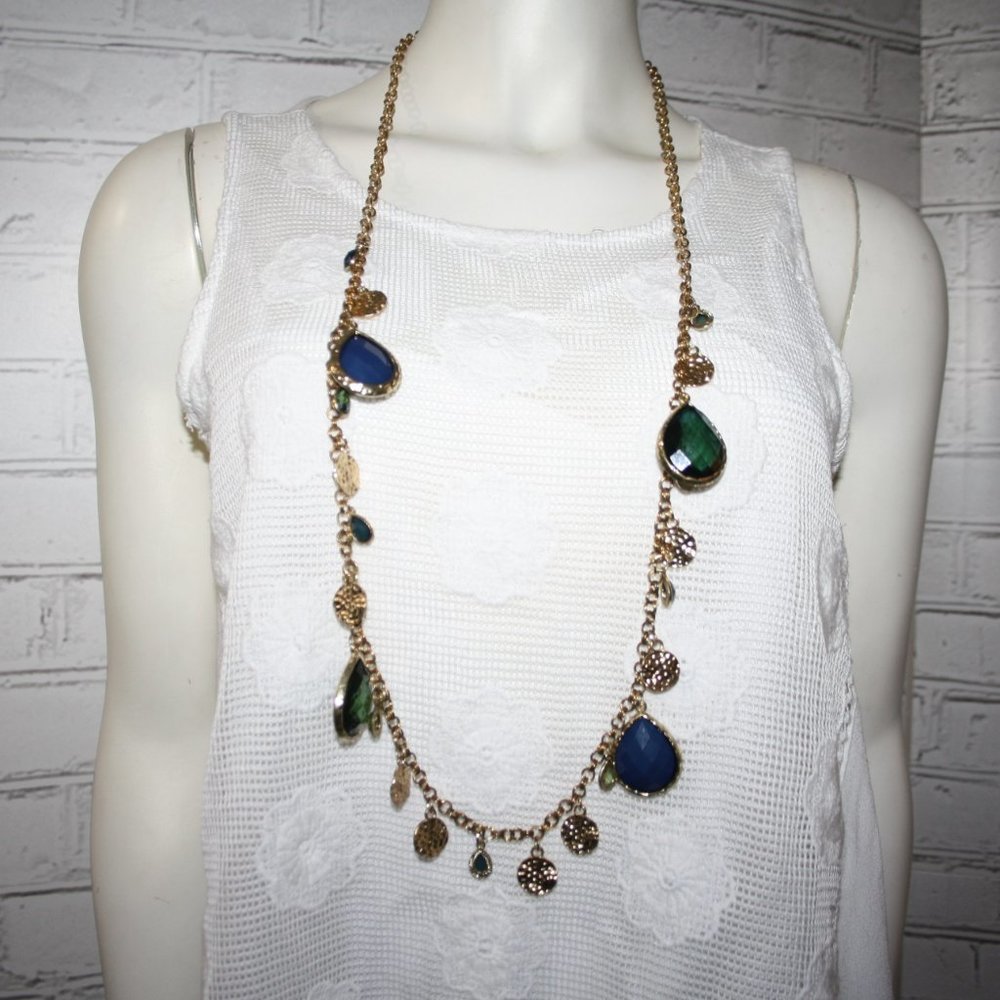 💚💙 Beautiful Long Gold, Green + Blue Gem Necklace 💙💚